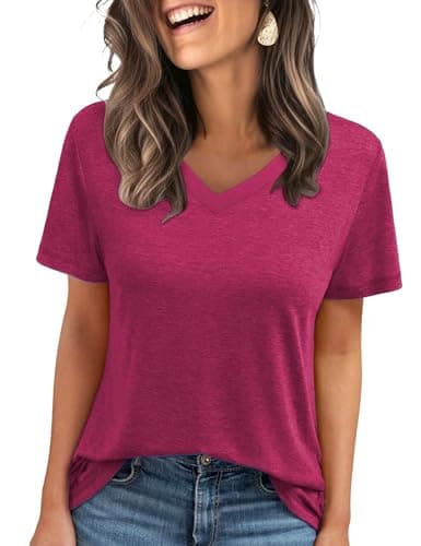 C.O.Z.Y Short Sleeve T-Shirts V Neck T Shirts for Women Light Weight Casual Summer Top Outfit Clothes 2025 Rose Red M - Image 1