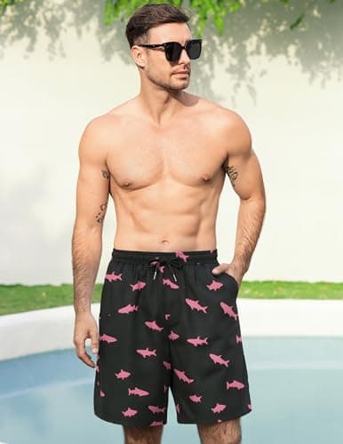 Aprolive Men's Swimsuits Elastic Waist Swimsuit Breathable Running Shorts Funny Beach Swimming Surf(Pink Shark,Large) - Thumbnail 3