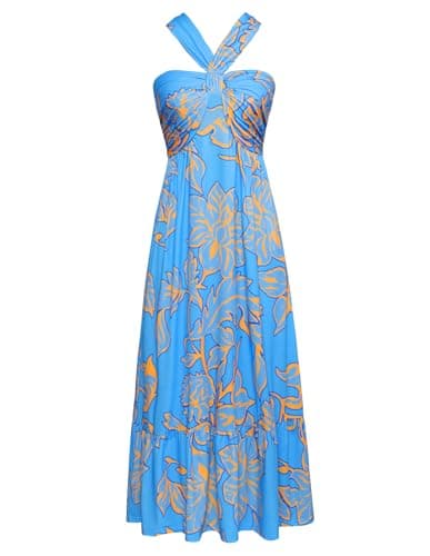 GRACE KARIN 2024 Summer Women's Criss Cross Halterneck Sleeveless Floral Print Flowy A Line Maxi Dress Blue Yellow XL - Image 1