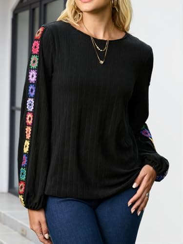 Halobelle Womens Tops Dressy Embroidered Tops for Women Trendy Long Sleeve Shirt Mexican Blouse Fall Peasant Top(Black Medium) - Thumbnail 2