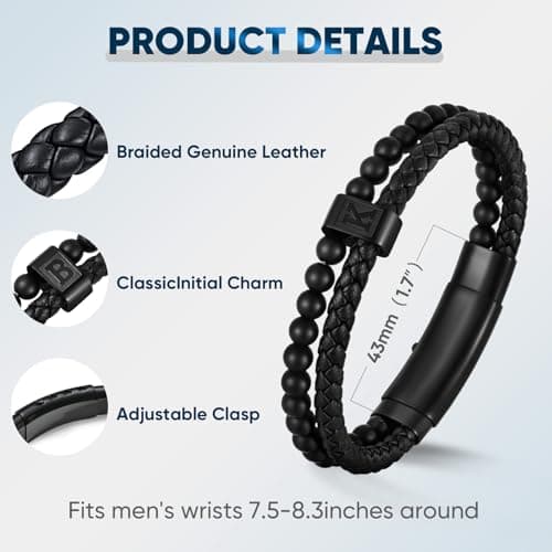 Initial Bracelet for Men Letter Handmade Natural Agate Stone Beaded Braided Black Leather Adjustable Cuff Meaningful Bracelets , Jewelry Gifts, Father's Day Gifts Matching Couple, 7.5-8.3 Inches - Thumbnail 5