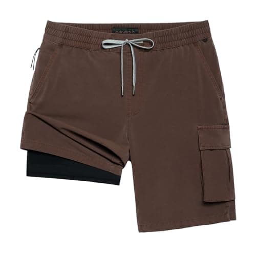 maamgic Mens Swim Trunks with Compression Liner 9 inch Quick Dry Men Bathing Suit Stretch Board Shorts Brown-Black - Image 1