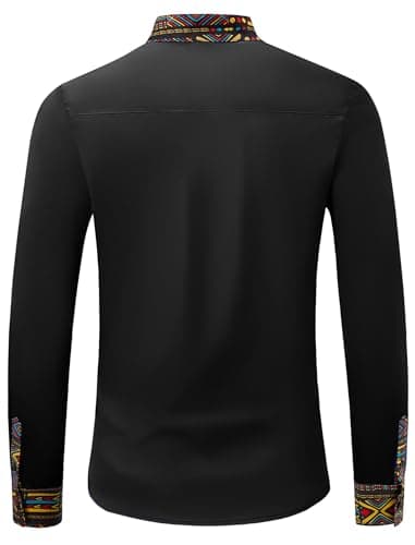 ZAFUL Men's African Patchwork Design Slim Fit 2025 Long Sleeve Button Down Mandarin Collar Shirts (Black Tribal Graphic L) - Thumbnail 2