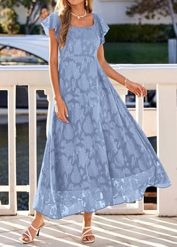 KIRUNDO Cocktail Dresses for Women Elegant Wedding Guest Summer Formal Maxi Lace Floral Slit Prom Party Bridesmaid Dress (Blue, Medium) - Thumbnail 2