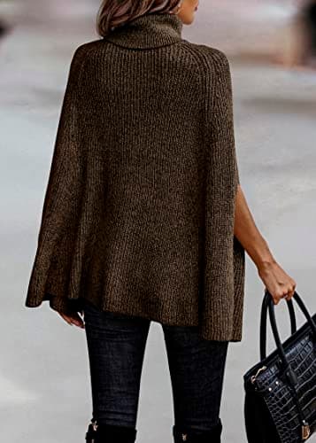 KIRUNDO Women's 2026 Fall Winter Turtleneck Poncho Sweater Fashion Chunky Knit Cape Wrap Sweaters Pullover Jumper Tops(Dark Coffee, X-Large) - Thumbnail 5