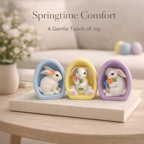GoGnome Resin Easter Bunny Alcove Figurines, Set of 3 – Pastel Egg Frame Bunny Decor, Spring Shelf & Mantel Display, Cute Seasonal Home Accent (Blue/Yellow/Purple) - Thumbnail 3