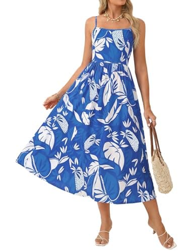 GRACE KARIN Summer Floral Maxi Sundresses for Women 2026 Spaghetti Strap Beach Boho Dress Casual Fashion Clothes with Pocket Blue White S - Image 1