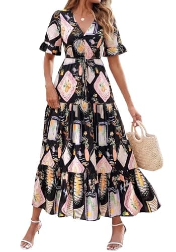 BTFBM Womens Summer Dresses 2026 Spring Casual Short Sleeve v Neck Boho Floral Flowy A-Line Tiered Maxi Dress Pockets(Floral Black Multi, XX-Large) - Image 1