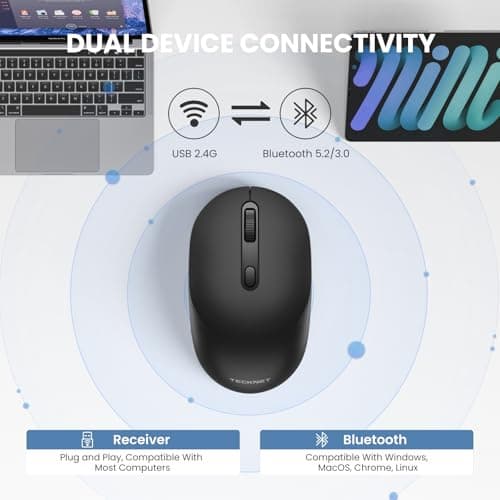 TECKNET Bluetooth Wireless Mouse, Bluetooth 5.2 & 2.4G USB-A Receiver, Compact & Portable, Silent Click, Ergonomic Symmetrical Design, 18-Month Battery, Adjustable DPI, Wide Compatibility - Black - Thumbnail 2