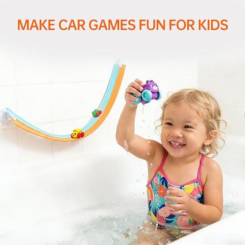 Resosese Race Car Bath Toys Set, 8-Piece Extra Long Flexible Bathtub Track Set with 4 Mini Cars, Suction Cups & Mesh Storage Bag, DIY Water Slide Toy Gift for Boys Girls Ages 3+ - Thumbnail 3