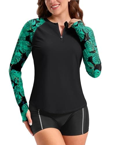 Viodia Womens Swim Shirt UPF50+ Rash Guard Long Sleeve Swimsuit Top Sun Protection Shirts Bathing Suit with Zipper Black Leaf S - Image 1