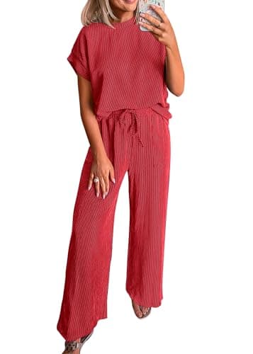 KIRUNDO 2 Piece Sets for Women Dressy Casual Ribbed Knit Short Sleeve Tops Wide Leg Pants Lounge Set Travel Airport Outfits(Red, XX-Large) - Image 1