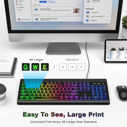 Atelus Large Print Backlit Keyboard, USB Wired Computer Keyboard, Full Size Keyboard with Rainbow Illuminated LED Compatible for Windows Desktop, Laptop, PC, Gaming, Black - Thumbnail 2