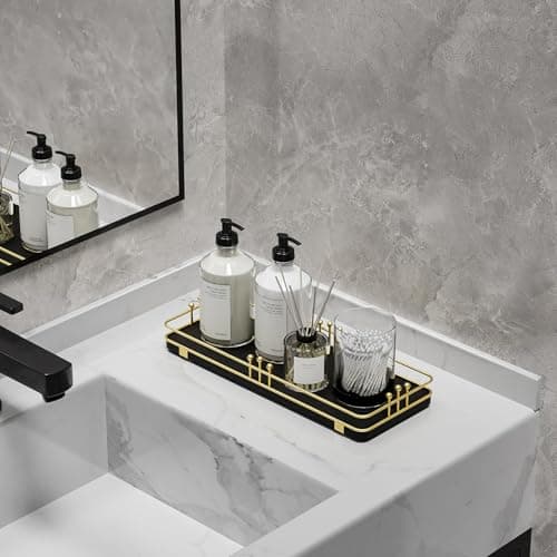 Pursura Bathroom Vanity Tray for Countertop Toiletries Perfume Makeup Soap Dispenser Toilet Tank, Kitchen Tray for Salt Spice, Decor Tray for Candle Nightstand Coffee 11.3”x 4.4” Black-Gold - Thumbnail 4