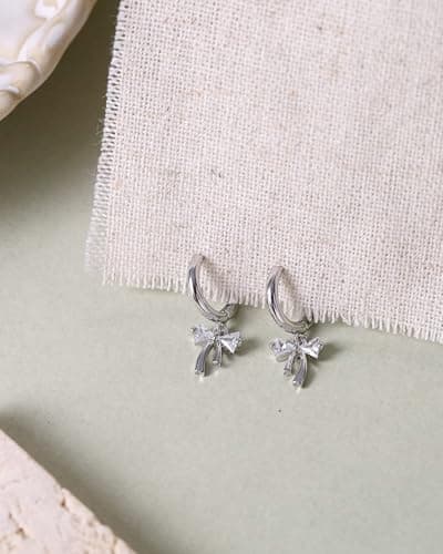 Dangle Earrings for Women Silver Cubic Zirconia Hoop Earrings Dainty Bow Diamond Drop Earring Wedding Jewelry for Brides - Thumbnail 5