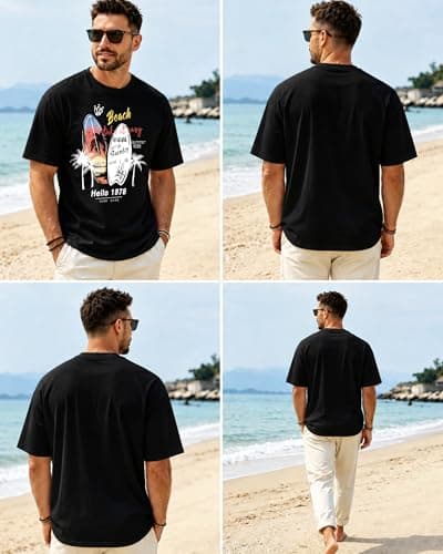 Mens Graphic T-Shirts Short Sleeve Surf Print Summer Top Crewneck Cotton Casual WAVERIDER Tees for Men - Thumbnail 4