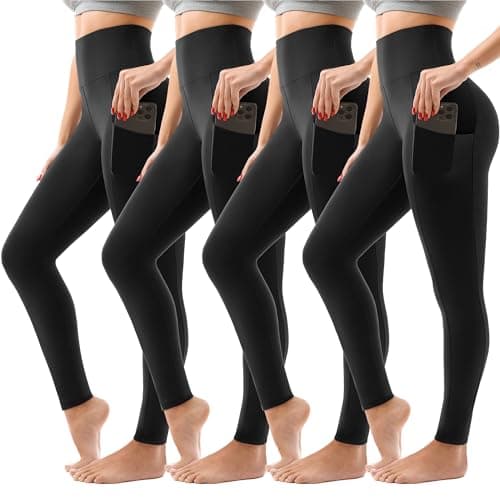 SINOPHANT 4 Pack Leggings for Women - Full Length Capri Buttery Soft High Waisted Yoga Pants for Athletic Workout Sports 2 Pockets Black/Black/Black/Black L-XL - Image 1