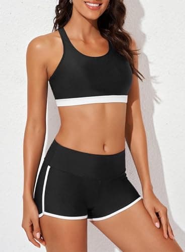 Aleumdr Womens Tankini Swimsuits Athletic Three Piece Tummy Control Bathing Suits with Shorts Swimsuits for Women Black Floral Small - Thumbnail 3