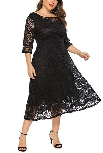 Eternatastic Womens Scooped Neckline Floral lace Top Plus Size Cocktail Party Midi Dress XL Black - Thumbnail 6