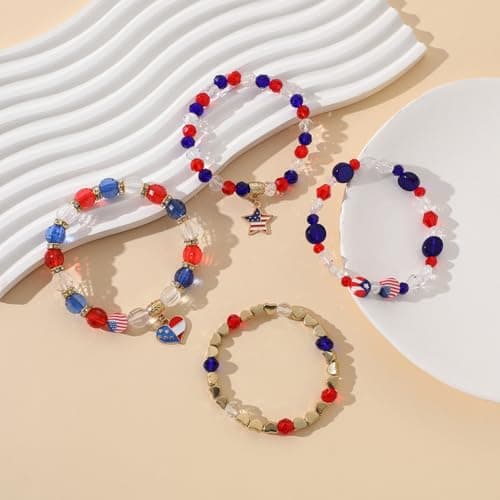 4th of July Bracelets, USA Flag Stars Stripes Stretch Bracelets for Women Teens, Red White and Blue Accessories Jewelry Gift for Patriotic Party - Thumbnail 2