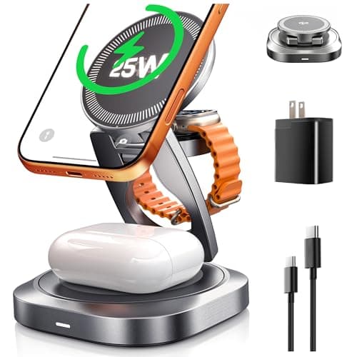 Qi2.2 25W 3-in-1 Wireless Charger for iPhone 17/16 Series, Foldable Wireless Charging Station Compatible with MagSafe, 360° Swivel Zinc Alloy Base for Apple Watch & AirPods (45W Adapter Included) - Image 1