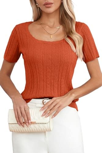 Arach&Cloz Women Trendy 2025 Spring Short Sleeve Square Neck Fashion T Shirts Knit Pullover Sweater Business Casual Dressy Summer Tops Orange Red - Image 1