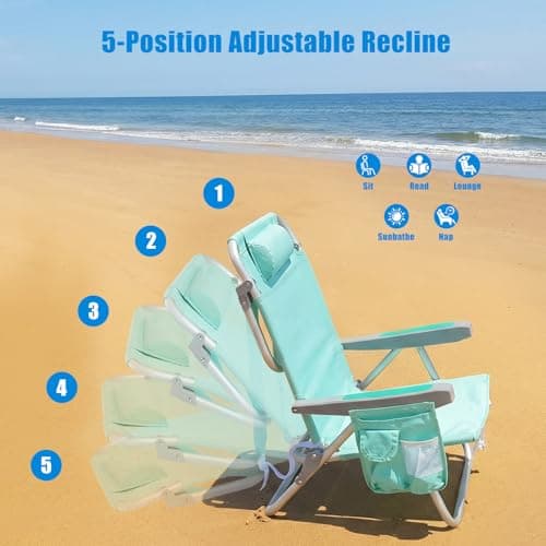 SUNNYFEEL Low Beach Chair, 5-Position Lay Flat Reclining, Backpack Portable Folding Chair with Cooler Bag & Cup Holder, Heavy Duty 350 LBS, Compact for Beach, Camping, Travel - Thumbnail 4
