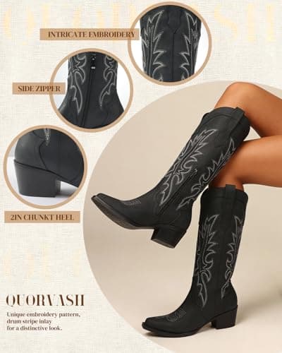 Quorvash Cowboy Boots for Women, Knee High Wide Calf Cowgirl Boots with Side Zipper, Snip Toe Western Boots, Black Size 8.5 - Thumbnail 4