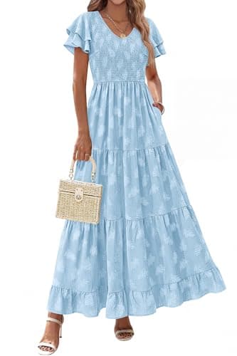 dowerme Maxi Dresses for Women 2026 Summer Ruffle Sleeve V Neck Smocked A Line Floral Boho Tiered Sundress Spring Outfit(Light Blue,Small) - Image 1
