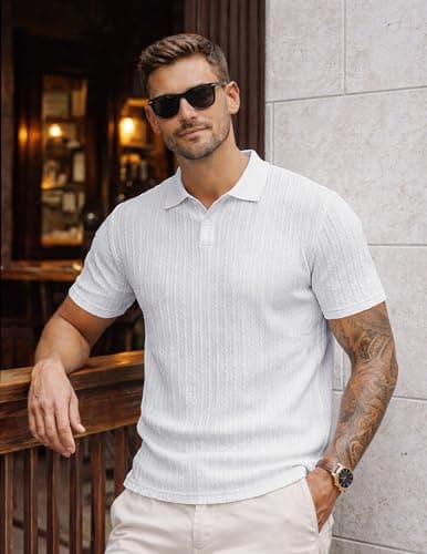 JMIERR Mens Polo Shirt Short Sleeve Casual Beach White Button Up Vacation Knit Shirt Texture, M - Thumbnail 3