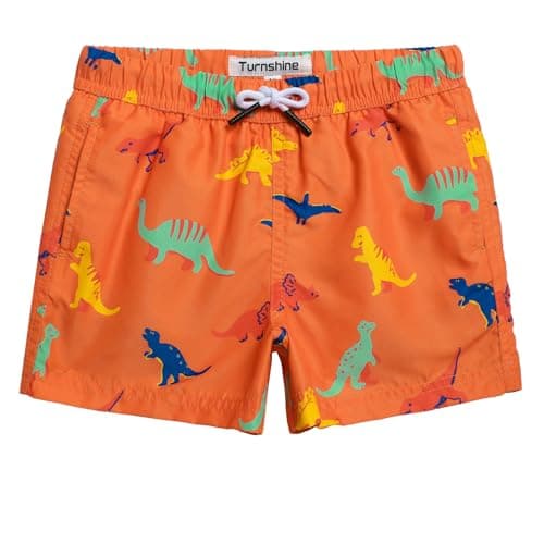 Turnshine Boys Swim Trunks Toddler Swim Shorts with Mesh Lining Quick Dry Board Shorts Kids Bathing Suits Swimwear for 2-16T Dinosaur Orange 7 Years - Image 1
