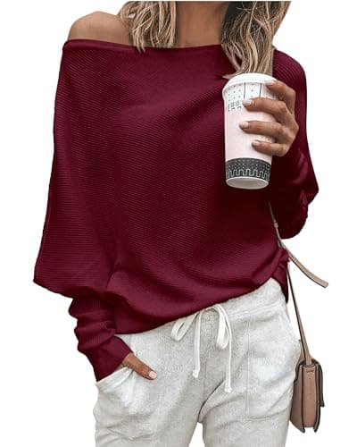 Zenlonr Women's Fall Sweaters 2025 Casual Long Batwing Sleeve Loose Off Shoulder Knit Pullovers Jumper Tops(Wine Red,Large) - Image 1