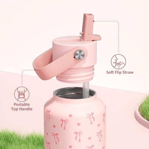 POWCAN 18 oz Insulated Water Bottle: Leakproof, Cup Holder Friendly, Standard Mouth, Top Handle, Double Walled Stainless Steel Water Bottle for Girl, Student, School, Bag, Camping (Sweetheart Bow) - Thumbnail 3