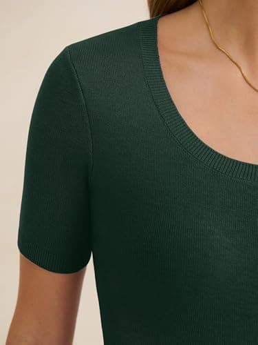 ANRABESS Womens Short Sleeve Sweaters Wool Blend Summer Scoop Neck Casual Business Knit Shirts Slim Fit Work Tops Outfits Drak Green Large - Thumbnail 2