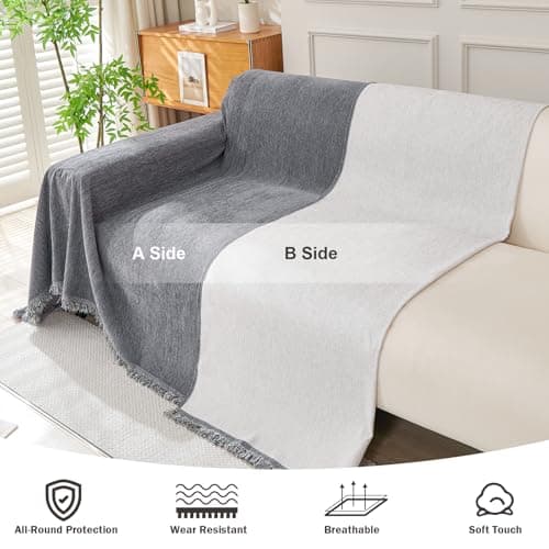 OstepDecor Chenille Couch Cover, Dark Grey Sofa Covers Washable, Sectional Couch Covers for Sofa L Shape, Couch Blanket Cover, Non-Slip Sofa Slipcovers for Dogs, Pets, 91" x 150" - Thumbnail 4