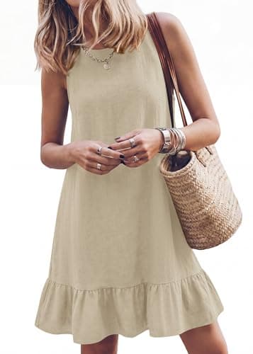 KIRUNDO Women's Casual Summer Dresses 2026 Spring Sleeveless Shift Tank Mini Dress Flowy Ruffle Hem Beach Vacation Sundress(Khaki, X-Large) - Image 1