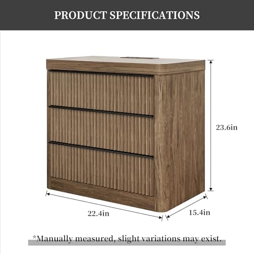 FUSUNBAO Fluted Night Stand with Charging Station,3 Drawers Large End Table with Storage,Natural Nightstand Wood Bedside Tables,Farmhouse Cabinet Dresser for Bedroom,Sofa Table (1, Grey Alder) - Thumbnail 2