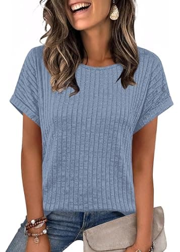 WIHOLL Womens Tops Dressy Casual Summer Spring Outfits 2026 Trendy Short Sleeve Shirts Ladies Business Work Blouse Beach Vacation Clothes Fashion Women's Clothing Blue S - Image 1