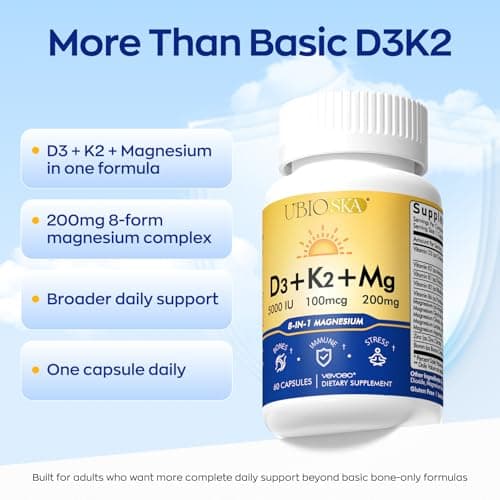 UBIOSKA Vitamin D3 K2 Magnesium Supplement – 5000 IU D3 + MK-7 K2 with 8-Form Magnesium (Glycinate, Taurate, Malate) for Calm Sleep, Stress Relief, Mood Balance & Strong Bones – 60 Capsules - Thumbnail 3