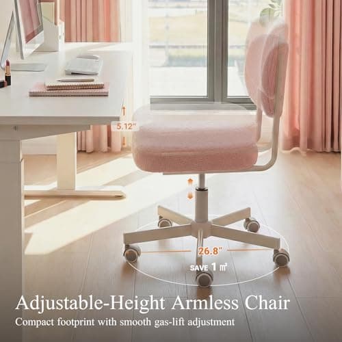VATROS Vanity Chair with Wheels, Cute Armless Desk Chair with Back, Height Adjustable Swivel Small Office Chair, Comfy Velvet Computer Task Chair for Bedroom, Study, Dressing Room Pink - Thumbnail 6