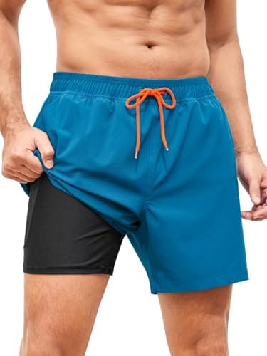 SILKWORLD Mens Swim Trunks Bathing Suit 6 Inch Inseam Compression Liner Beach Swim Shorts Swimwear Quick Dry Zipper Pocket, Peacock Blue, X-Large - Image 1