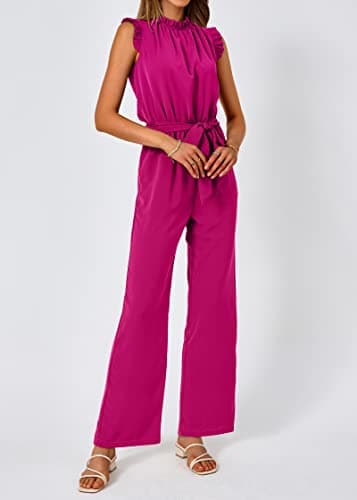 KIRUNDO Jumpsuits For Women Dressy Summer One Piece Sleeveless Ruffle Mock Neck Belt Pockets Formal Wide Leg Pants Romper(Rose Red, XX-Large) - Thumbnail 4