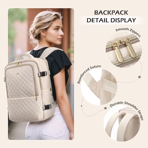 MDODO Travel Backpack for Women Men - Large Carry on Backpack fits 15.6" Laptop Lightweight Travel Bag Daypack Waterproof Causal Bookbag Backpack for College,Work,36L, Beige - Thumbnail 6
