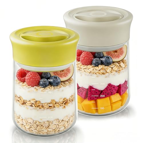 Overnight Oats Containers with Lids, 2 Pack 17oz Glass Jars with Airtight Lids, Wide Mouth Mason Jars, Food Coffee Bean Storage Containers for Yogurt, Chia Pudding, Snack, Salad(Yellow+Beige) - Image 1