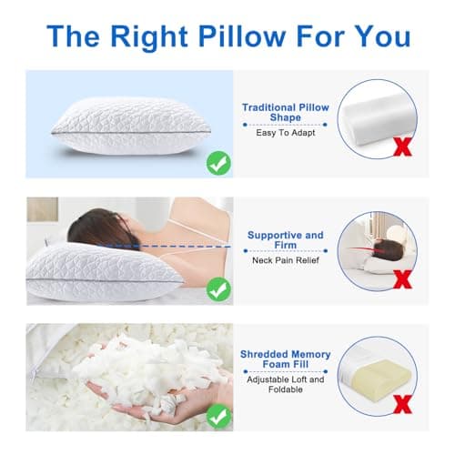 Cooling Pillows Standard Size Set of 2, Shredded Memory Foam Pillows, Adjustable Firm Bed Pillows Cool Cold Pillow for Hot Side Back Stomach Sleepers with Removable Washable Cover, 20" x 26", White - Thumbnail 6