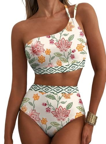 Herseas Women One Shoulder Bikini Sets Floral Print Removable Padded 2 Piece Swim Suit High Waisted Stretchy 2026 Summer Bathing Suits Modest Cruise Essentials Multicolor Pastel Floral Small