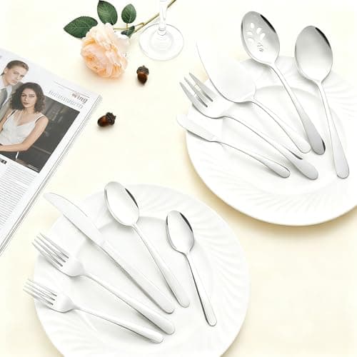 Pleafind Stainless Steel Silverware Set - 45 Piece Flatware Set for 8 People, Including 5 Serving Utensils, Forks, Spoons, Knives, Mirror Polished Flatware for Home, Restaurant, Dishwasher Safe - Thumbnail 3