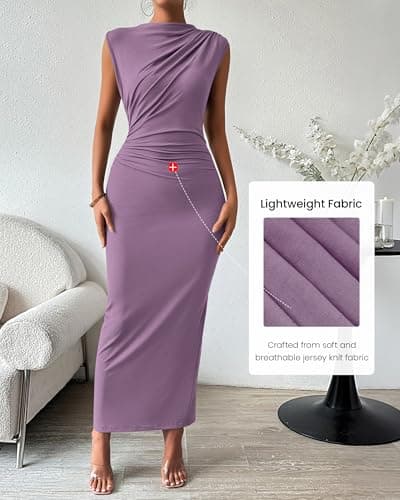 BTFBM Women Ruched Bodycon Maxi Dresses Summer Casual Sleeveless Lightweight Slit Elegant Cocktail Wedding Guest Dress(Purple, Large) - Thumbnail 6