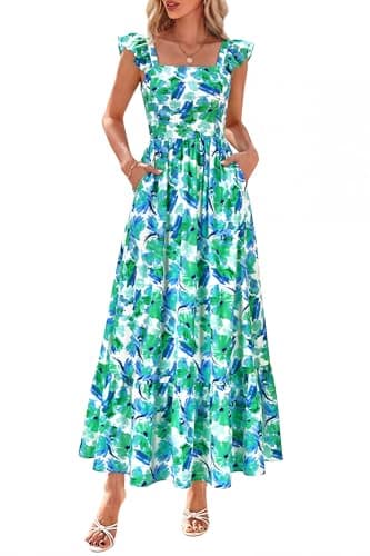 dowerme Womens Summer Dresses 2026 Ruffle Sleeve Square Neck Floral Boho Midi Dress Spring Smocked Beach Party Sundress(Floral Green,XX-Large) - Image 1