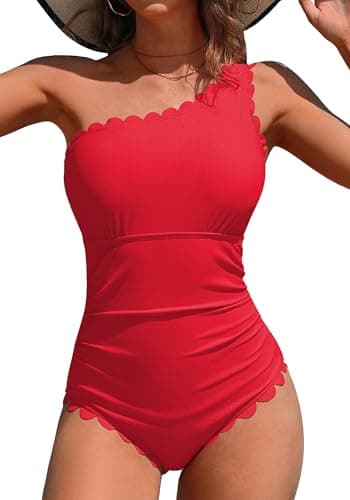 Charmo One Piece Swimsuit One Shoulder Bathing Suit for Women Ribbed Swim Suit Scalloped Slimming Elder Swimwear Full Coverage Red S - Image 1